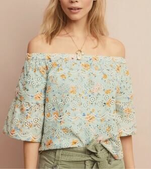 Anthropologie LAIA Ashtabula Off Shoulder Floral Eyelet Cotton Blouse Small